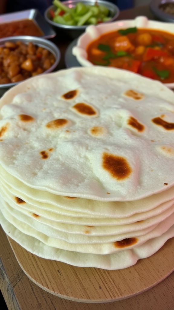 A stack of warm Guatemalan tortillas on a wooden table with traditional dishes in the background.